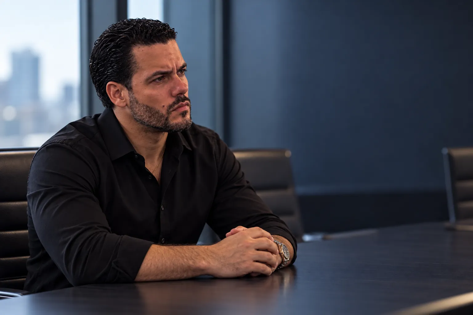 Pablo de perfil, sentado en una reunión de oficina